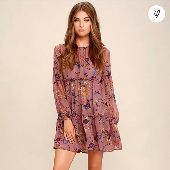 Lulus Dresses & Skirts - Lulu's Mauve Floral Print Rounded Neck Long Sleeve Babydoll Dress Size Medium